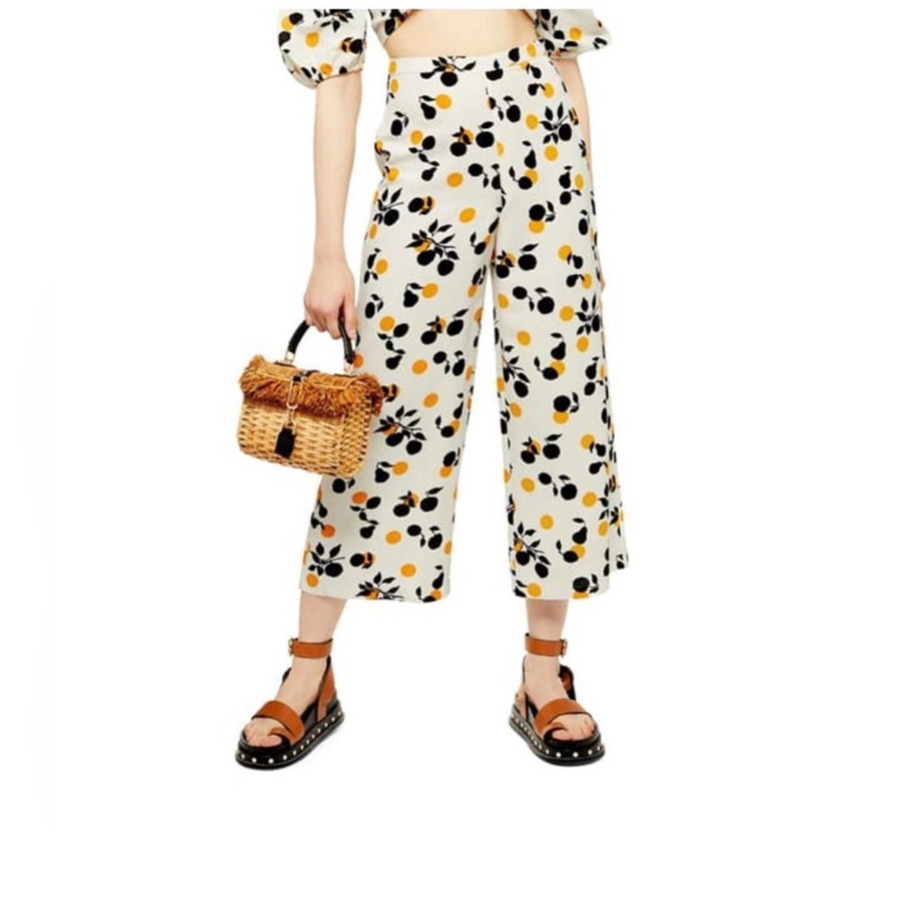 Topshop Frida Crop Wide Leg Trousers Ivory Fruit Multi size 6 Orange Black Cream